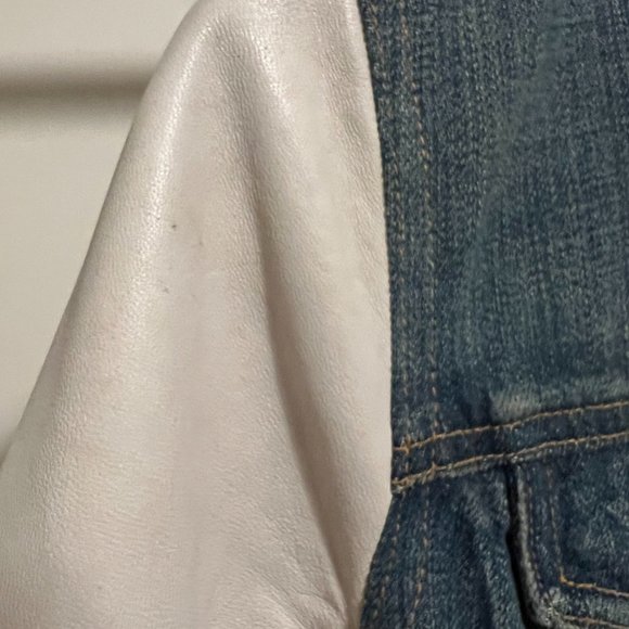 rag & bone/JEAN for Intermix White Leather Sleeve Distressed Jean Jacket S - Picture 6 of 11